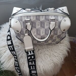 Karl Lagerfeld White and Gray Monogram Satchel with Logo Strap